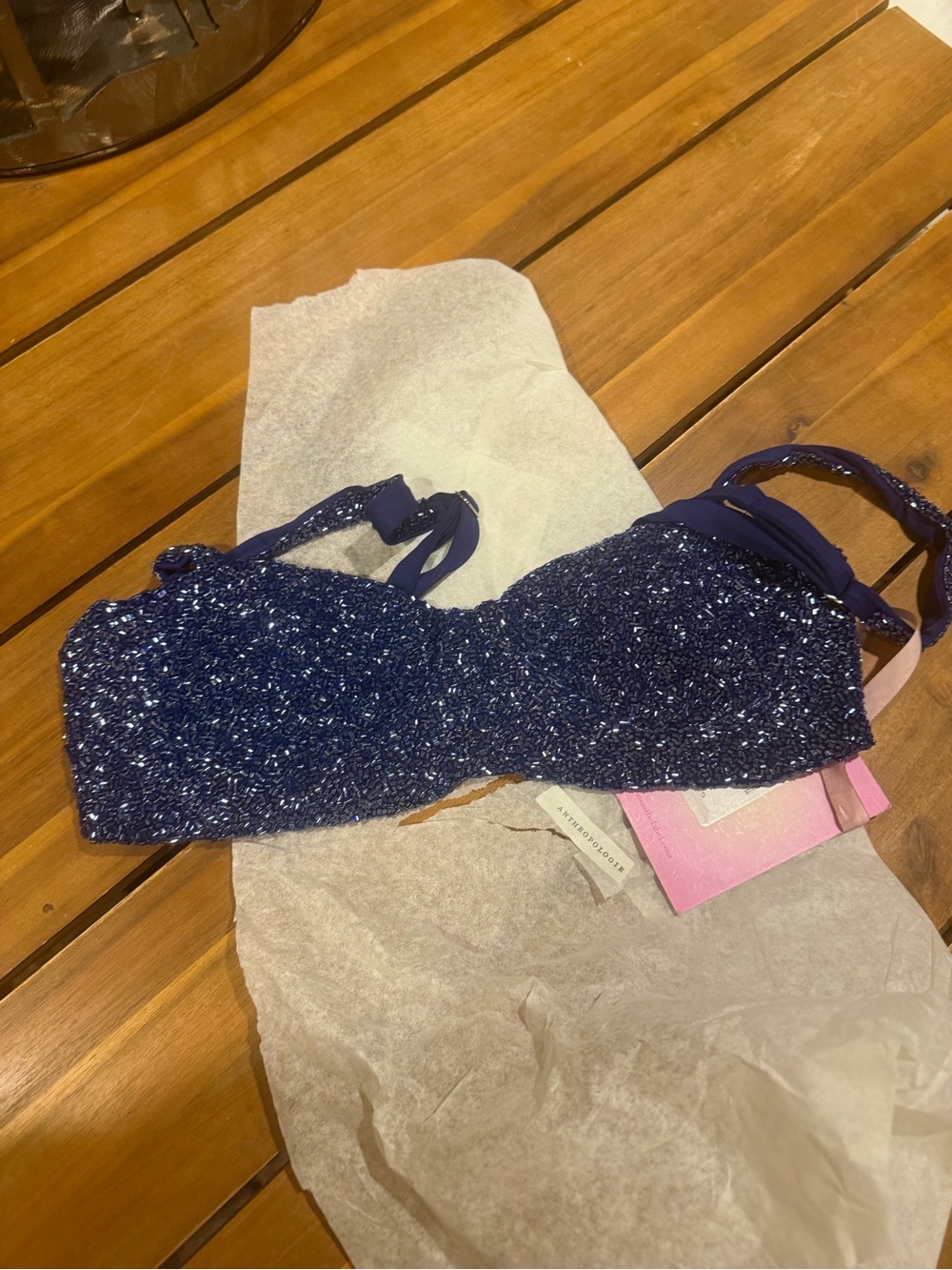 NWT Oceanus Beaded Navy Bandeau Bikini Top with Tie Straps Size Medium